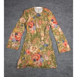 ZIMMERMANN Belted Floral Print Mini Dress Women's 1 (US 6) Long Sleeve Linen
